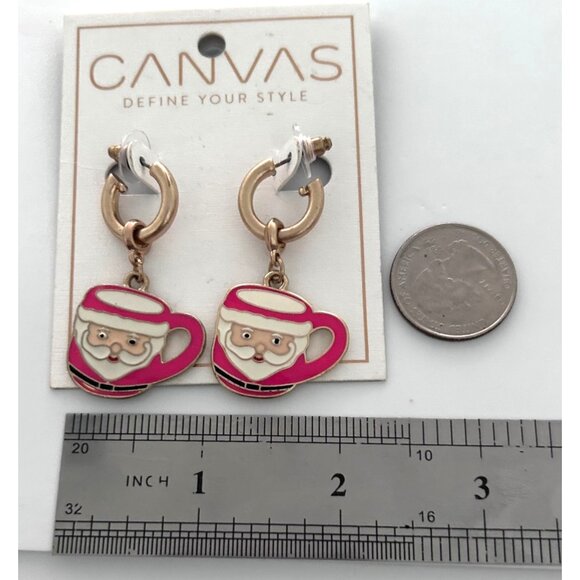 Santa Coffee Mug Dangle Earrings By Canvas Gold-Tone Red Enamel Festive Holiday - Picture 2 of 4